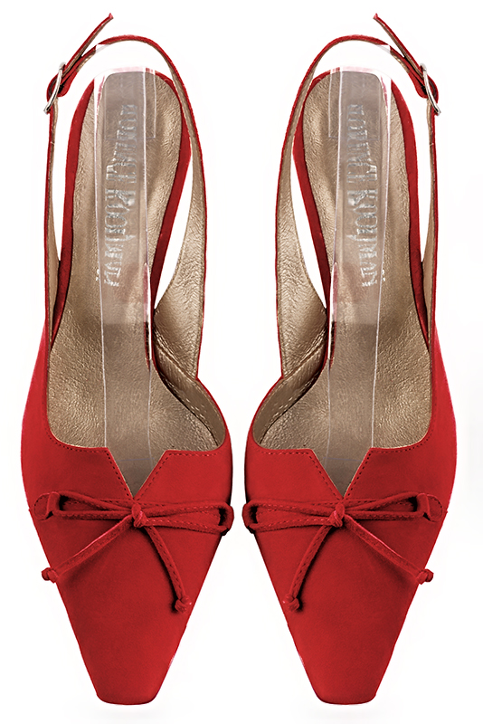 Scarlet red women's open back shoes, with a knot. Tapered toe. High comma heels. Top view - Florence KOOIJMAN
